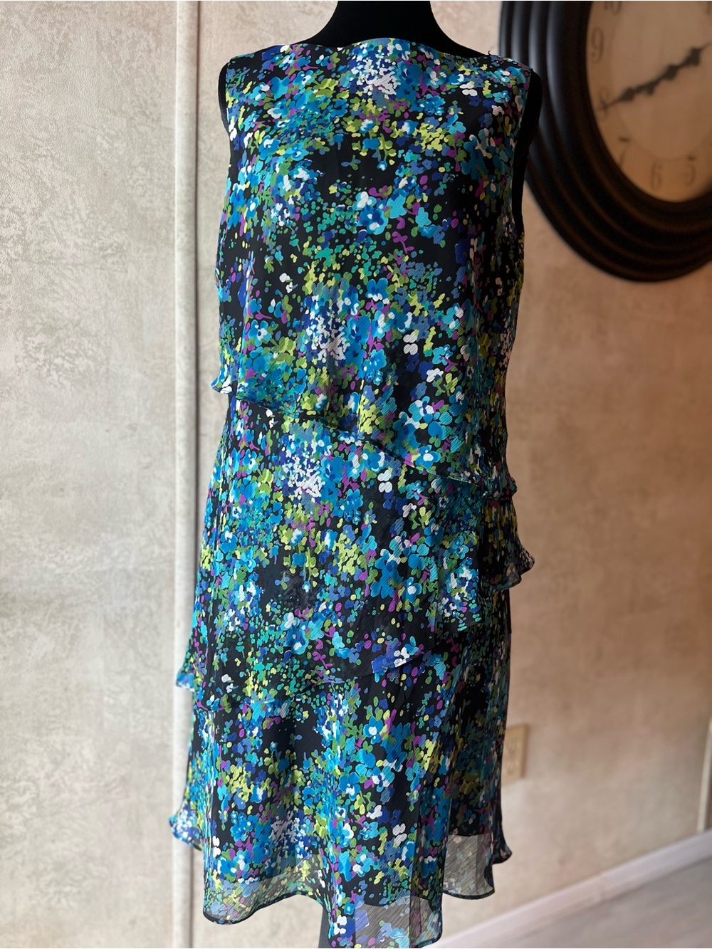 Evan Picone Multicolor Blue & Green Layered Floral Dress